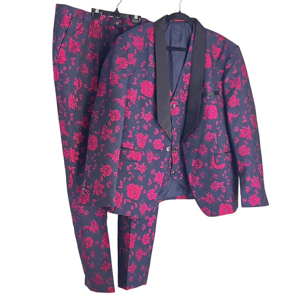 Black Metallic Pink 3-Piece Tuxedo Suit 44 Mens Floral Jacquard Brocade Pink